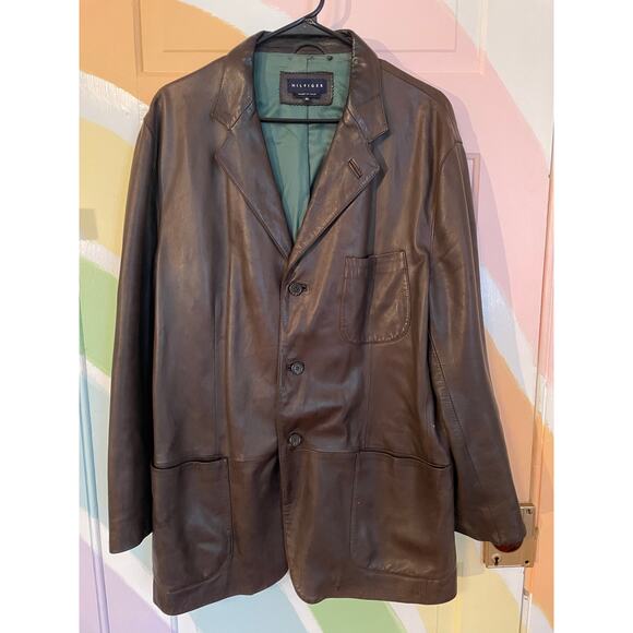 Hilfiger Made in Italy XL Brown Leather Blazer Jacket Men Vintage 3-Button Coat - Picture 1 of 10